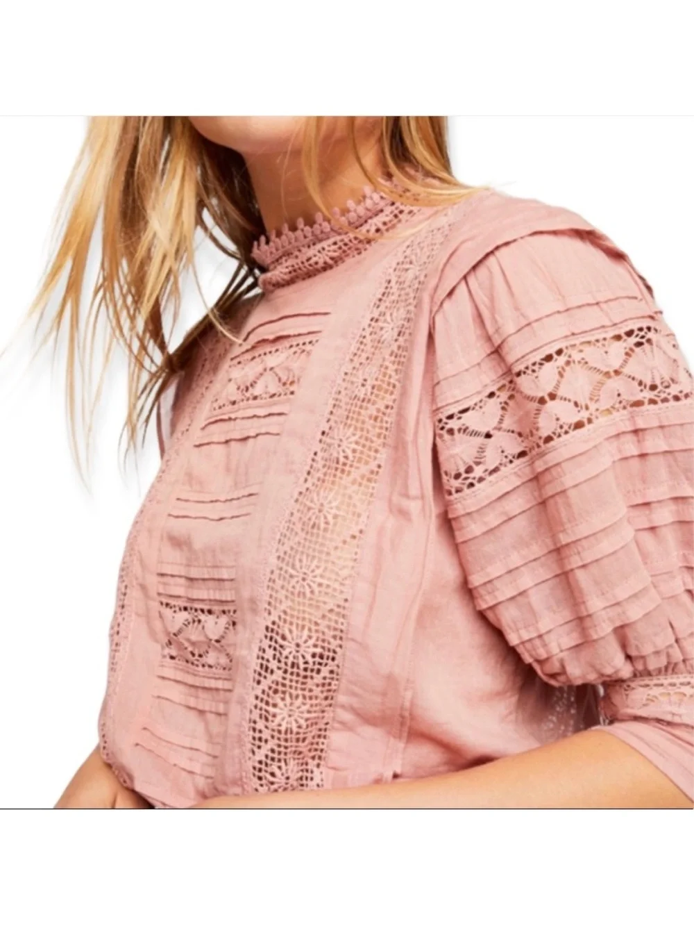FP One Sydney  Lace-Panel Pink Blouse with Puff Sleeves